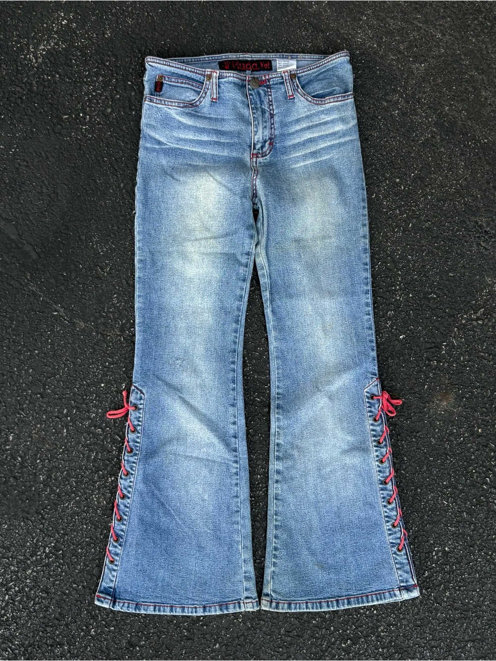 Vintage Mudd Yo! Lace Up Low Rise Flare Bell Bottom Blue Denim Jeans Size 14 Y2K